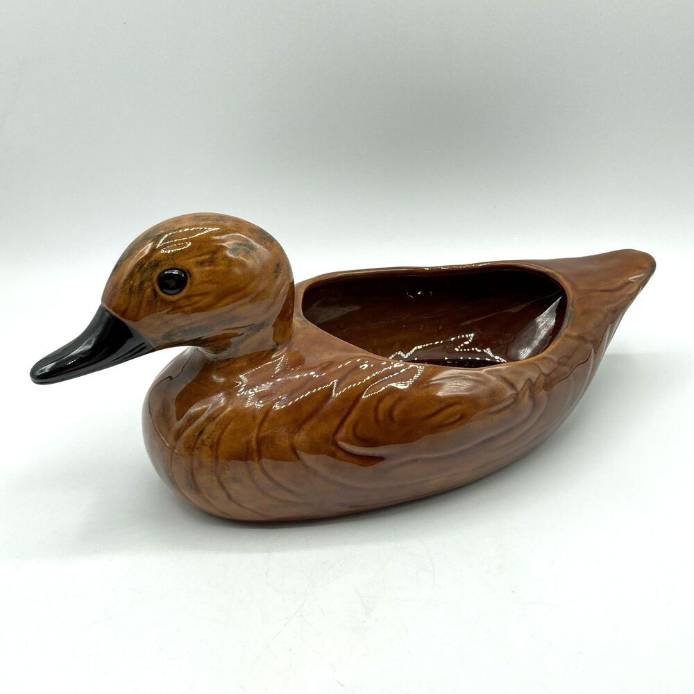 Vtg Handpainted Ceramic Faux Wood Grain Brown Duck Planter Rustic Cabin 10.75" L